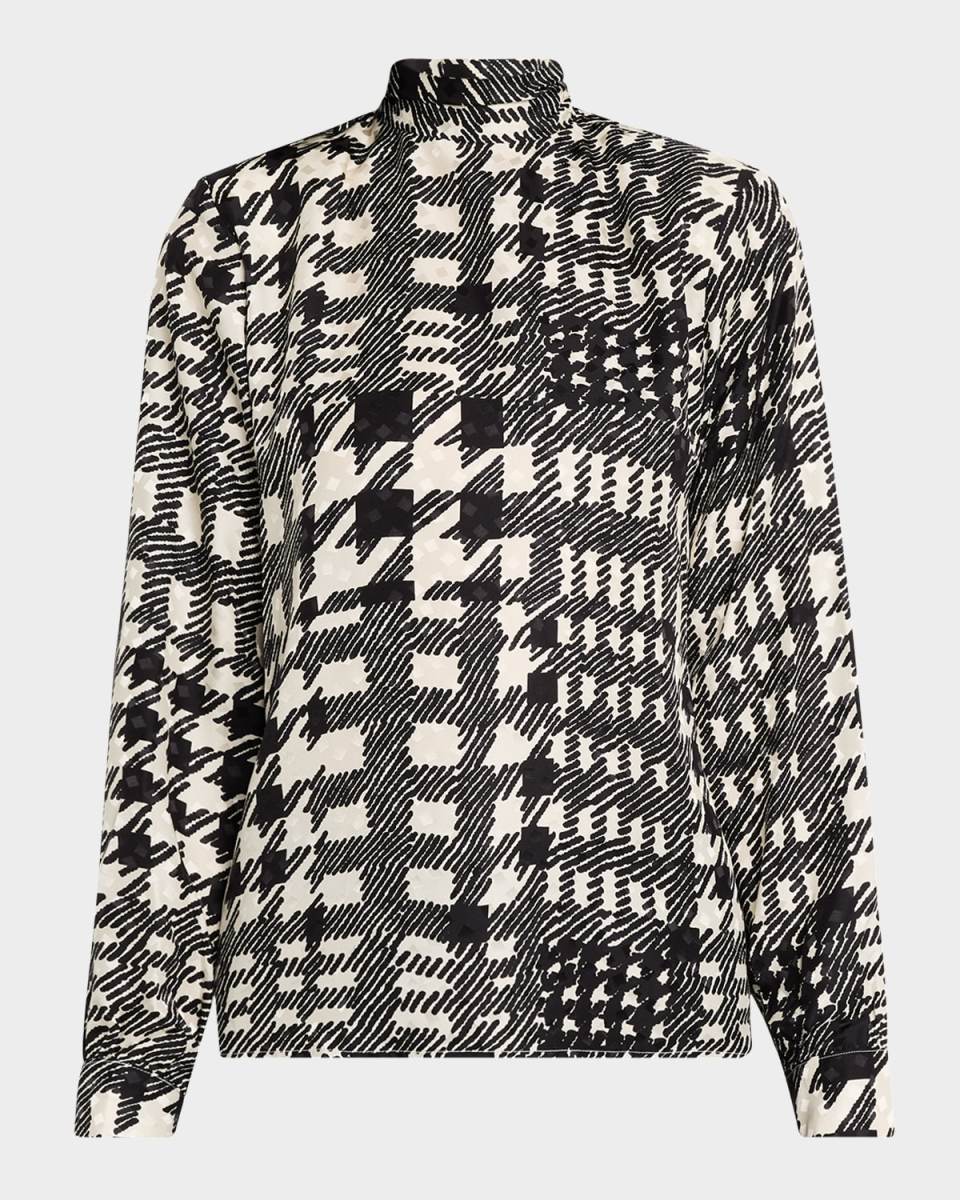 Bianca Peggys Houndstooth-Print Neck-Tie Silk Blous